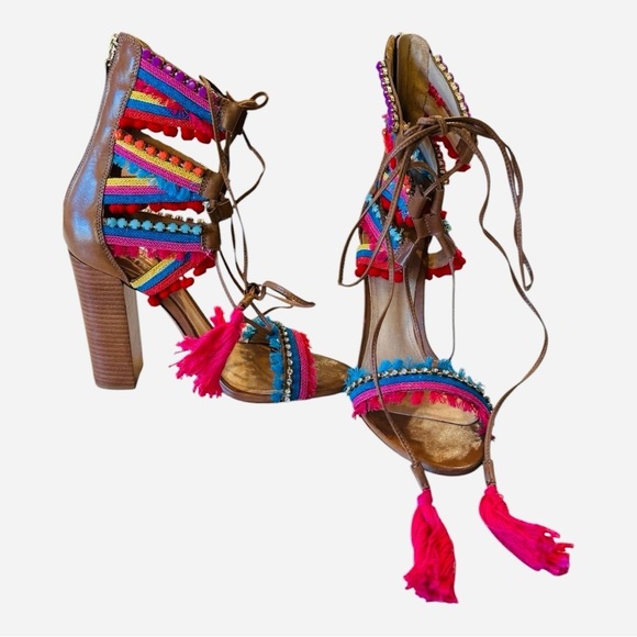 Schutz X Revolve CALLA Lace-Up Multi-Color Tassel Bamboo Brown Block Heel Size 8 - Picture 13 of 16